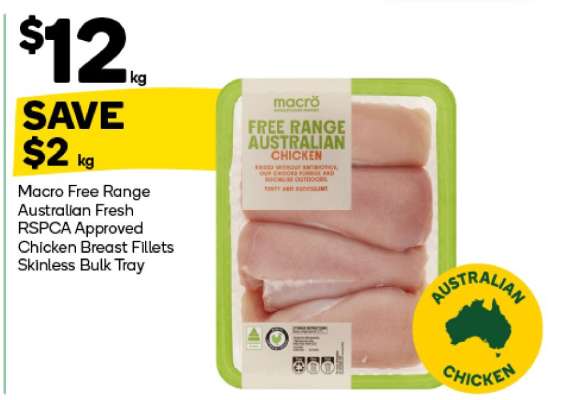 Macro Free Range Australian Fresh RSPCA Approved Chicken Breast Fillets Skinless Bulk Tray