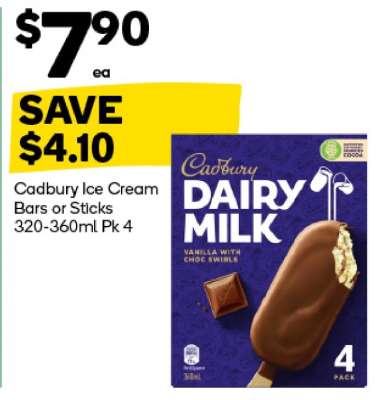 Cadbury Ice Cream Bars or Sticks 320-360ml Pk 4