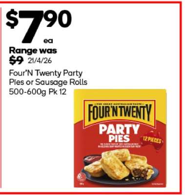 Four’N Twenty Party Pies or Sausage Rolls 500-600g Pk 12