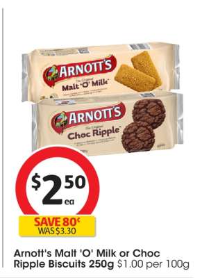 Arnott's Malt'o'Milk or Choc Ripple Biscuits 250g
