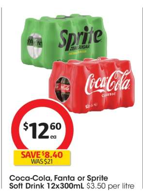 Coca-Cola, Fanta or Sprite Soft Drink 12x300mL