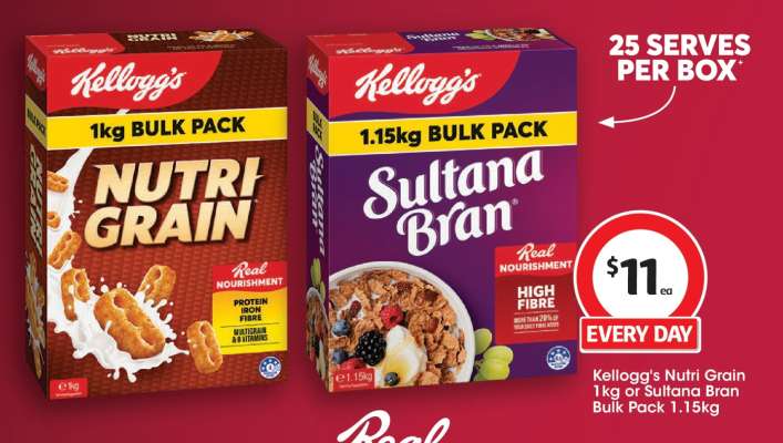 Kellogg's Nutri Grain 1kg or Sultana Bran Bulk Pack 1.15kg