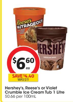 Hershey's, Reese's or Violet Crumble Ice Cream Tub
