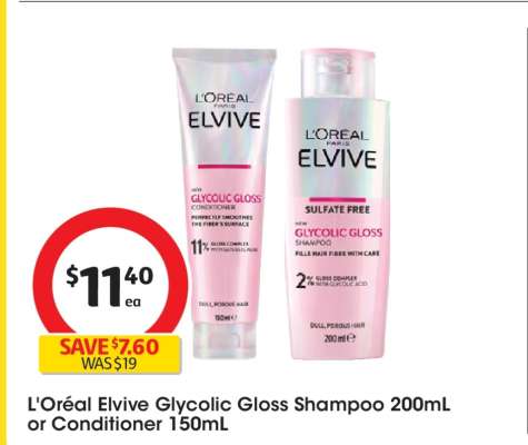 L'Oréal Elvive Glycolic Gloss Shampoo 200mL or Conditioner 150mL