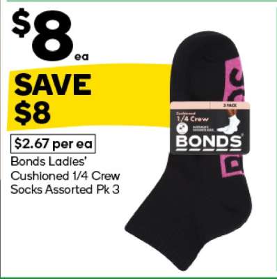 Bonds Ladies' Cushioned 1/4 Crew Socks Assorted Pk 3