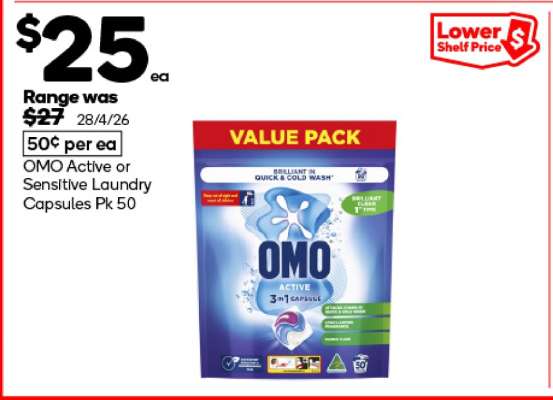 OMO Active or Sensitive Laundry Capsules Pk 50