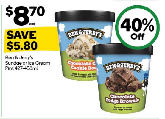 Ben & Jerry's Sundae or Ice Cream Pint 427-458ml