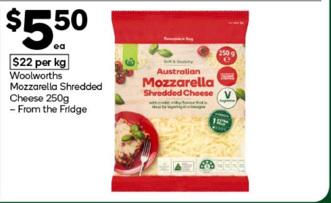 Woolworths Mozzarella Shredded Cheese 250g