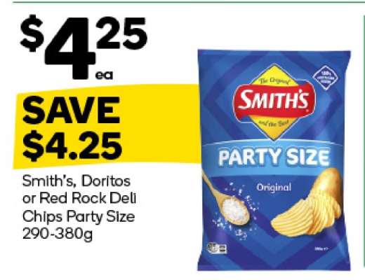 Smith's, Doritos or Red Rock Deli Chips Party Size 290-380g