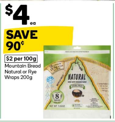 Mountain Bread Natural or Rye Wraps 200g