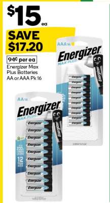 Energizer Max Plus Batteries AA or AAA Pk 16