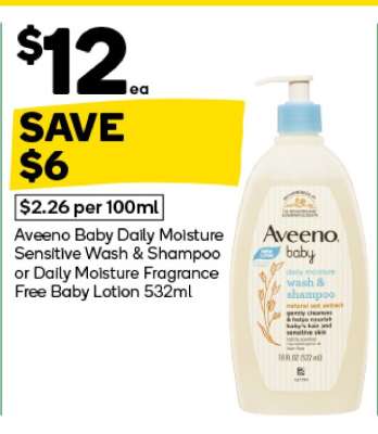 Aveeno Baby Daily Moisture Sensitive Wash & Shampoo or Daily Moisture Fragrance Free Baby Lotion 532ml
