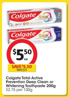 Colgate Total Active Prevention Deep Clean or Whitening Toothpaste 200g