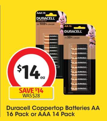 Duracell Coppertop Batteries AA 16 Pack or AAA 14 Pack