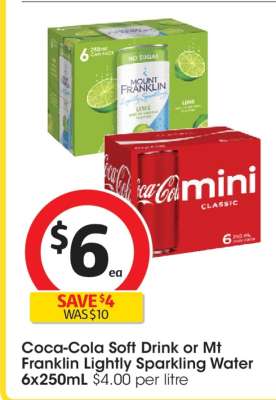 Coca-Cola Soft Drink or Mt Franklin Lightly Sparkling Water 6x250mL