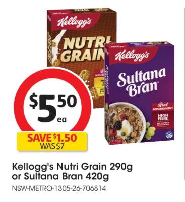 Kellogg's Nutri-Grain 290g or Sultana Bran 420g