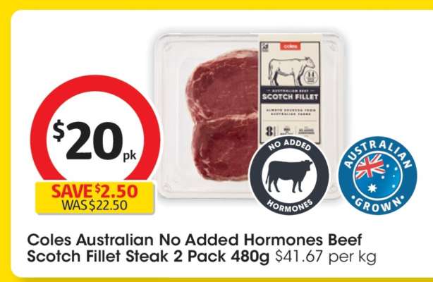 Coles Australian No Added Hormones Beef Scotch Fillet Steak 2 Pack 480g