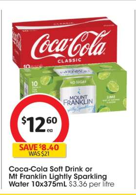 Coca-Cola Soft Drink or Mt Franklin Lightly Sparkling Water 10x375mL