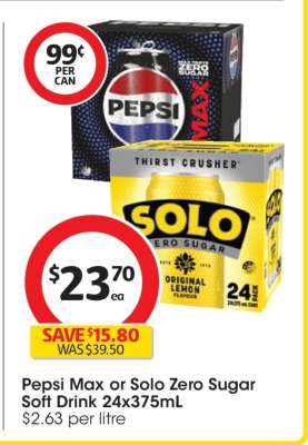 Pepsi Max or Solo Zero Sugar Soft Drink 24x375mL