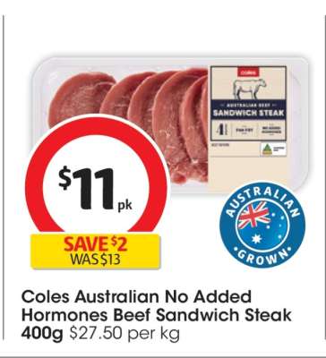 Coles Australian No Added Hormones Beef Sandwich Steak