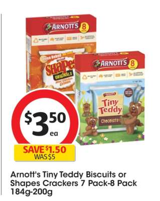 Arnott's Tiny Teddy Biscuits or Shapes Crackers