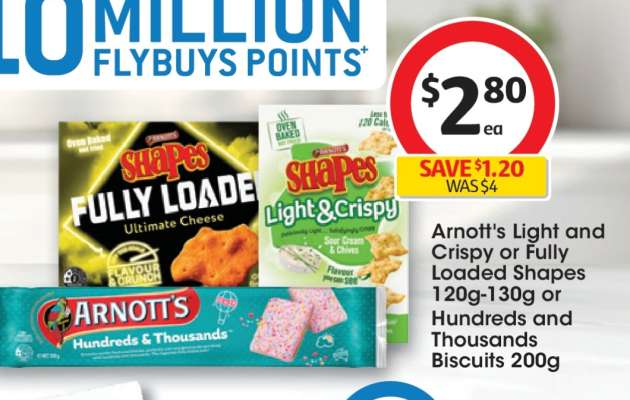 Arnott's Light and Crispy or Fully Loaded Shapes or Hundreds and Thousands Biscuits