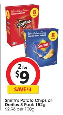 Smith's Potato Chips or Doritos 8 Pack 152g