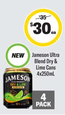Jameson Ultra Blend Dry & Lime Cans 4x250mL
