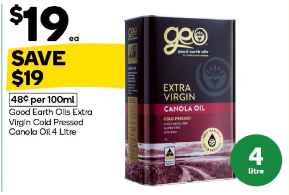 Good Earth Oils Extra Virgin Cold Pressed Canola Oil 4 Litre