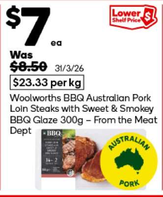 Woolworths BBQ Australian Pork Loin Steaks with Sweet & Smokey BBQ Glaze 300g