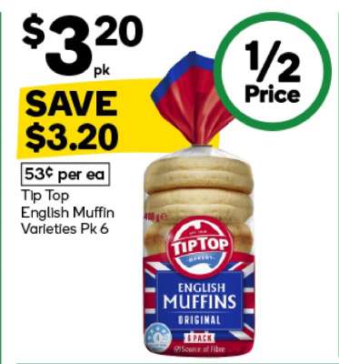 Tip Top English Muffin Varieties Pk 6