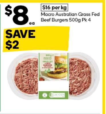Macro Australian Grass Fed Beef Burgers 500g Pk 4