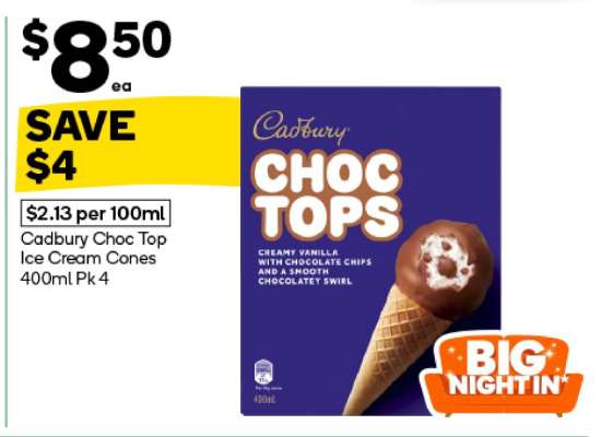Cadbury Choc Top Ice Cream Cones 400ml Pk 4