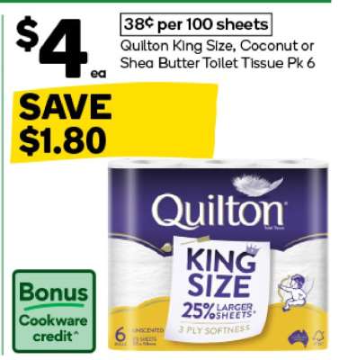 Quilton King Size, Coconut or Shea Butter Toilet Tissue Pk 6