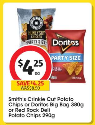 Smith's Crinkle Cut Potato Chips or Doritos Big Bag 380g or Red Rock Deli Potato Chips 290g