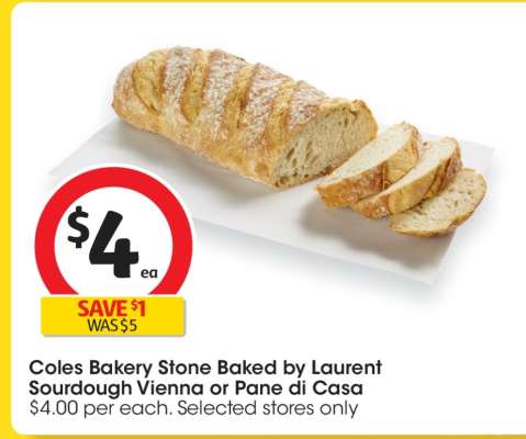 Coles Bakery Stone Baked by Laurent Sourdough Vienna or Pane di Casa
