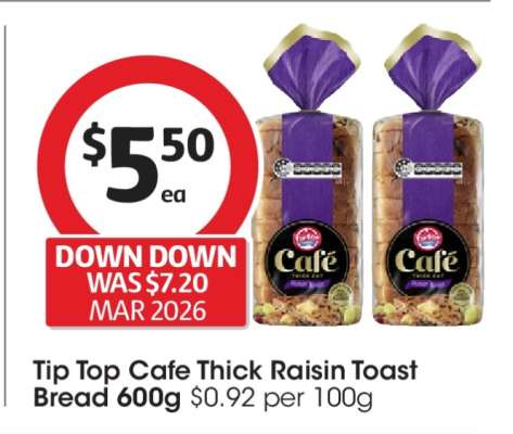 Tip Top Café Thick Raisin Toast Bread 600g