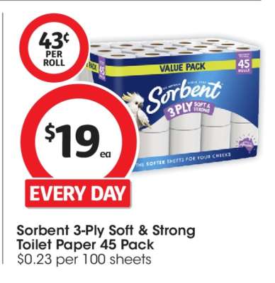 Sorbent 3-Ply Soft & Strong Toilet Paper 45 Pack