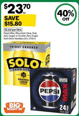 Pepsi Max, Mountain Dew, Solo Zero Sugar or Sunkist Zero Sugar Soft Drink Varieties 24 x 375ml