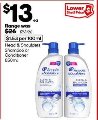 Head & Shoulders Shampoo or Conditioner 850mL