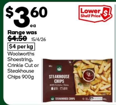 Woolworths Shoestring, Crinkle Cut or Steakhouse Chips 900g