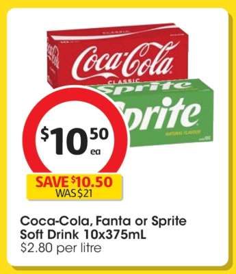 Coca-Cola, Fanta or Sprite Soft Drink 10x375mL