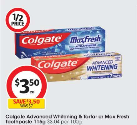 Colgate Advanced Whitening & Tartar or Max Fresh Toothpaste 115g