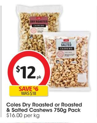Coles Dry Roasted or Roasted & Salted Cashews 750g Pack