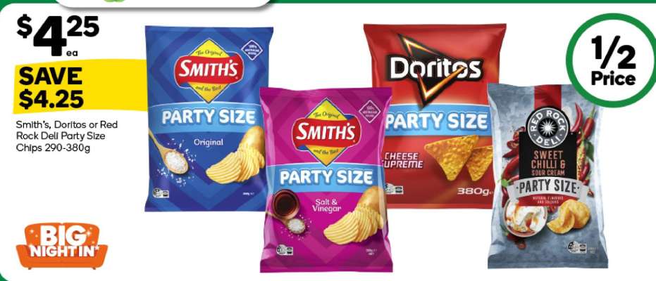 Smith's, Doritos or Red Rock Deli Party Size Chips 290-380g