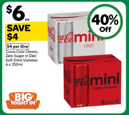 Coca-Cola Classic, Zero Sugar or Diet Soft Drink Varieties 6 x 250ml