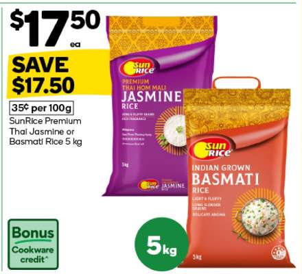 SunRice Premium Thai Jasmine or Basmati Rice 5 kg