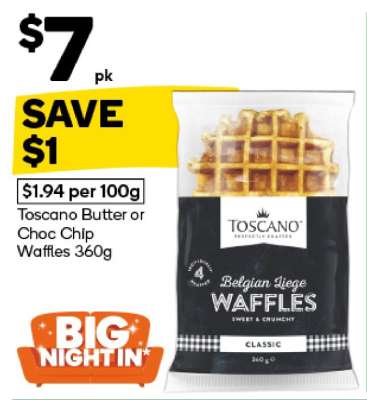 Toscano Butter or Choc Chip Waffles 360g