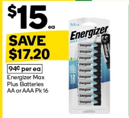 Energizer Max Plus Batteries AA or AAA Pk16