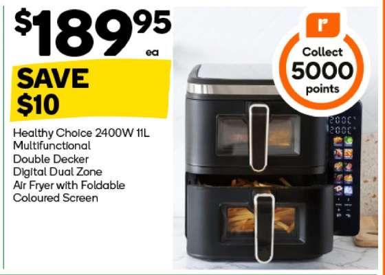 Healthy Choice 2400W 11L Multifunctional Double Decker Digital Dual Zone Air Fryer with Foldable Coloured Screen